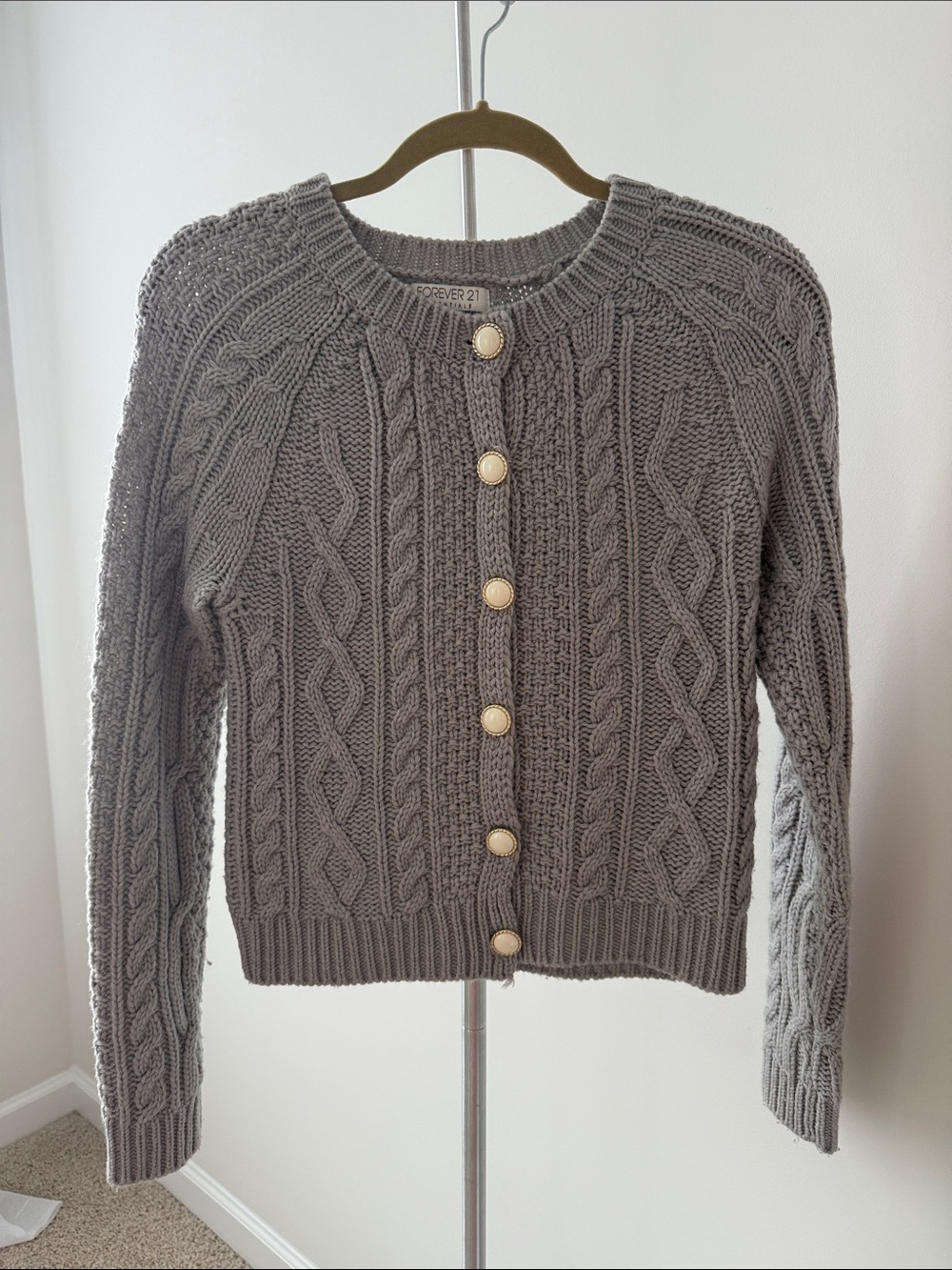 Forever 21 Gray Cable Knit Cardigan with Pearl Buttons Small